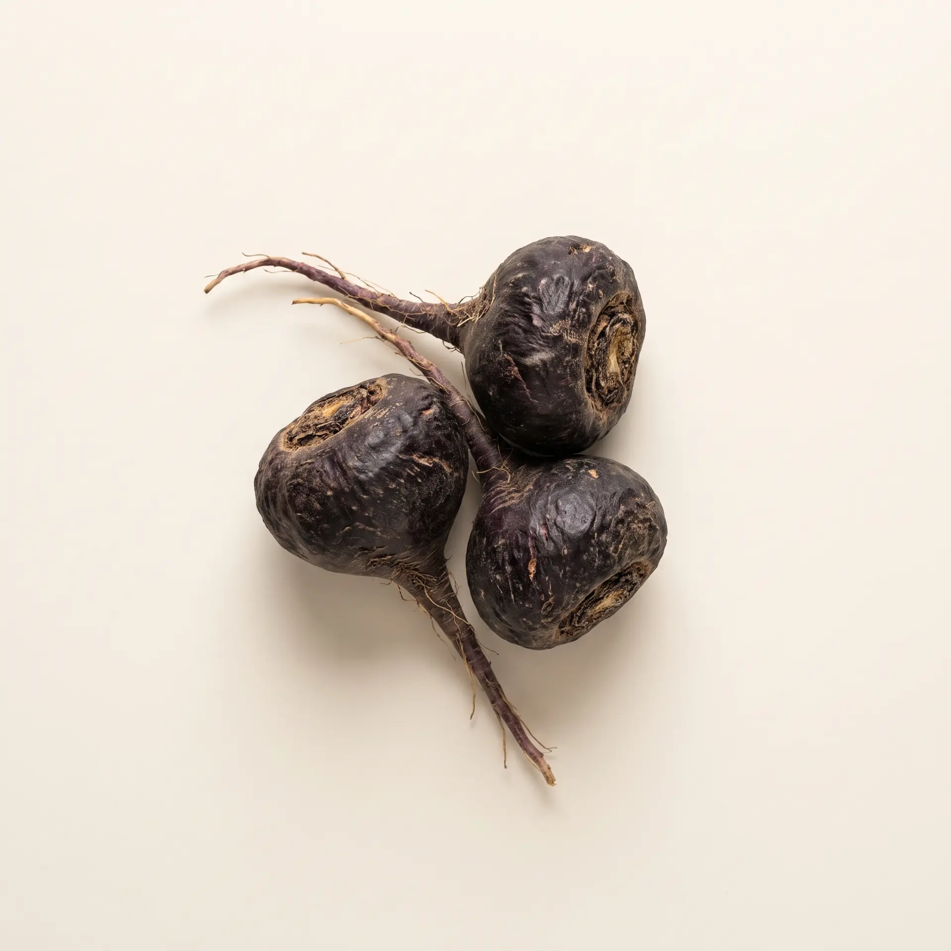Three organic black maca roots on a cream background