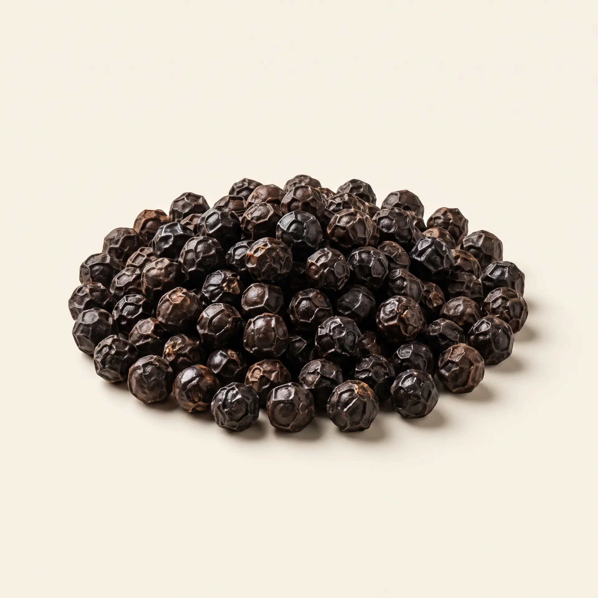 A small pile of black peppercorns on a cream background
