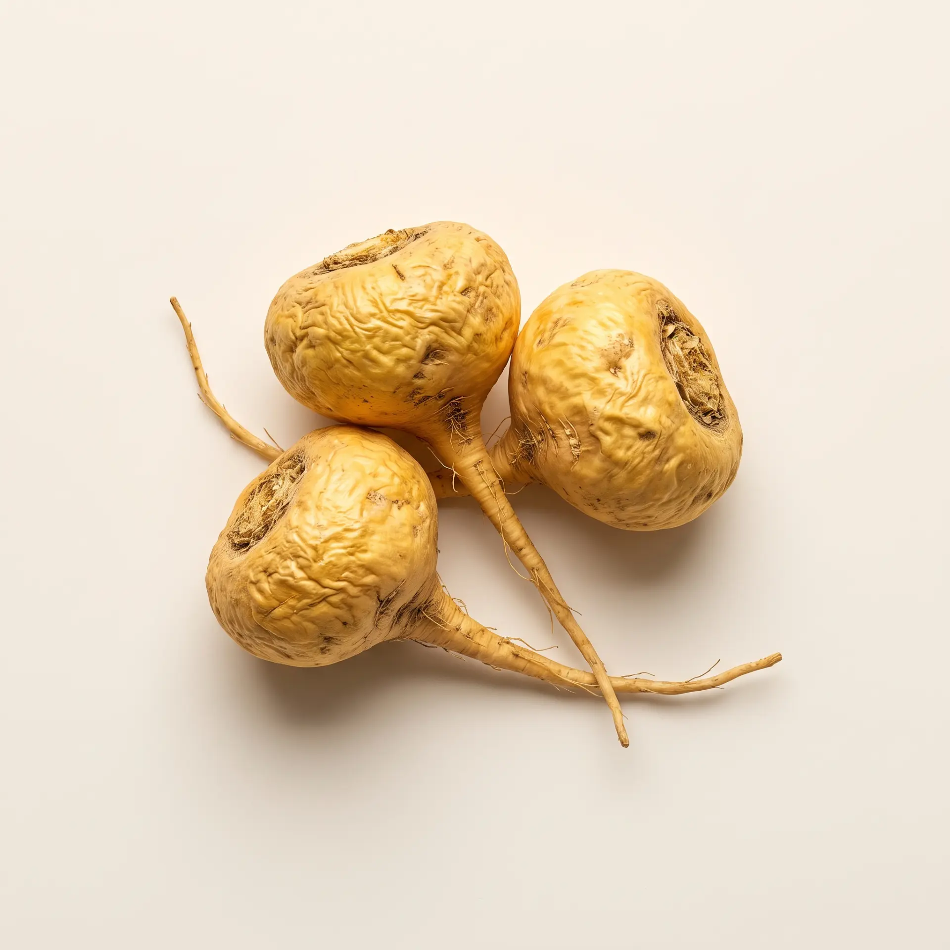 Three organic yellow maca roots on a cream background