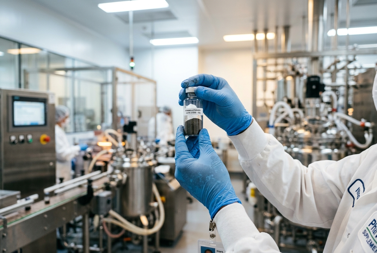 Quality specialist inspecting an ingredient sample in a manufacturing facility