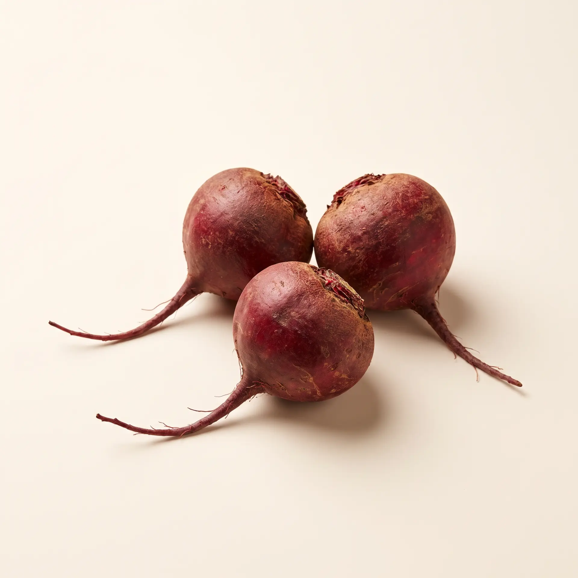 Three organic red maca roots on a cream background