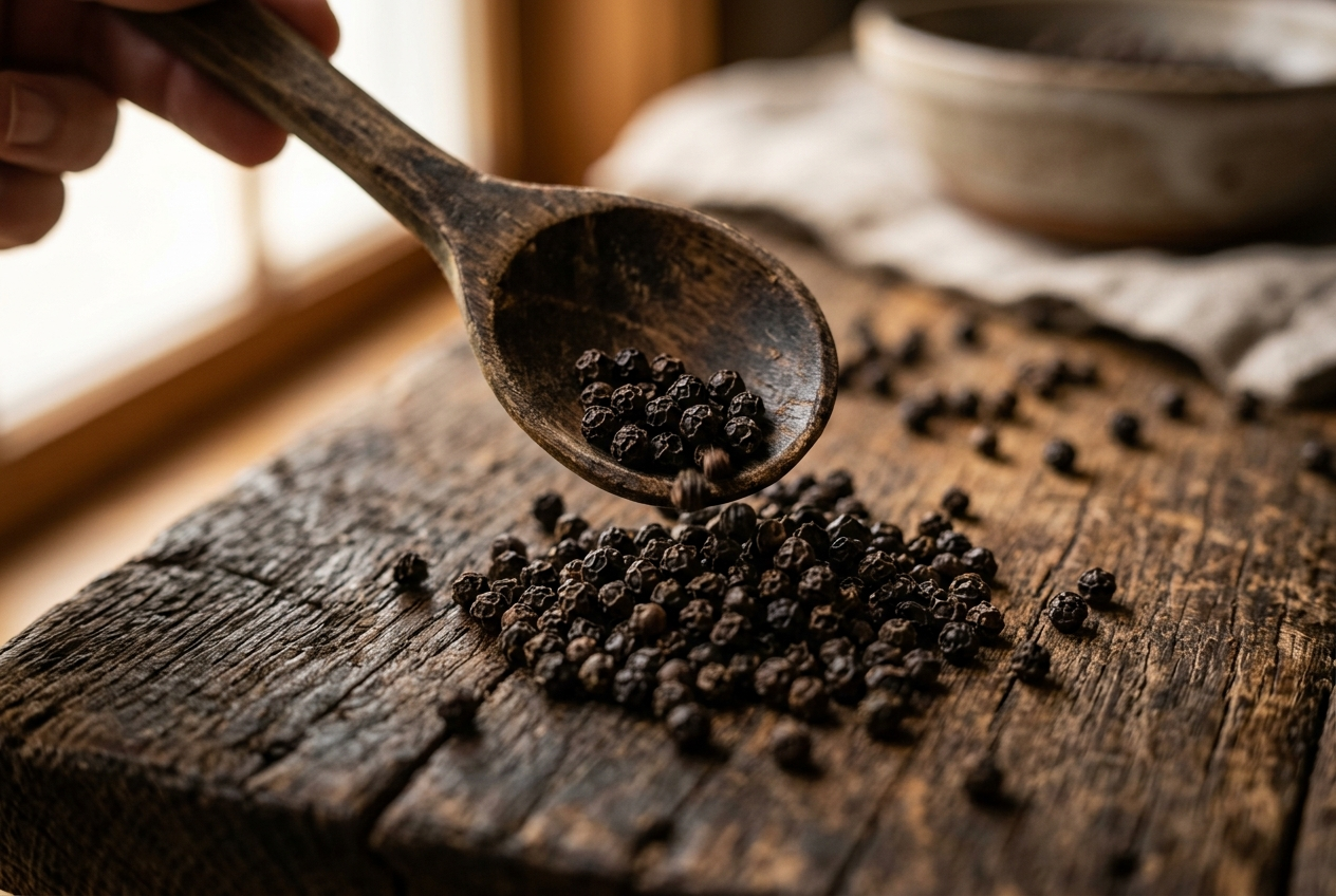 Black peppercorns spilling from a wooden spoon