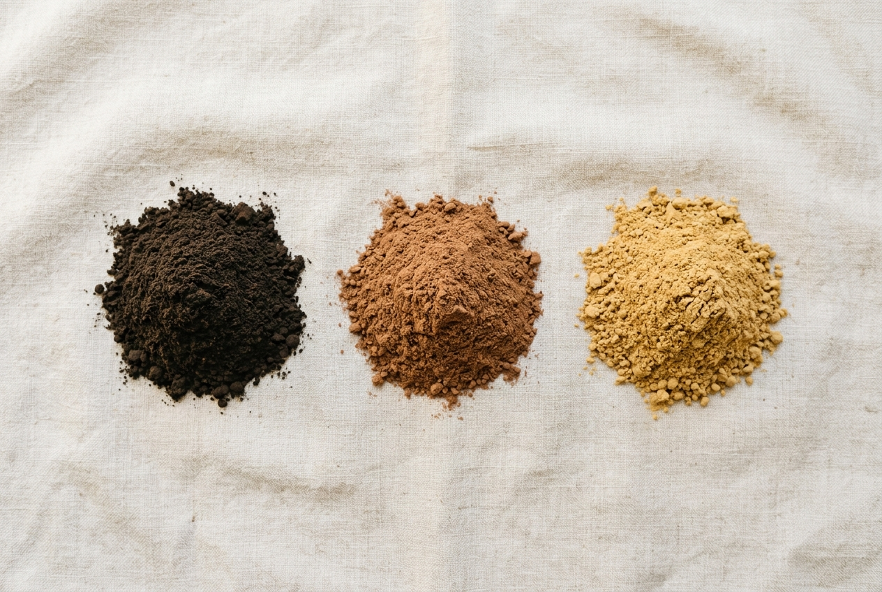 Black, red, and yellow maca powders arranged side by side