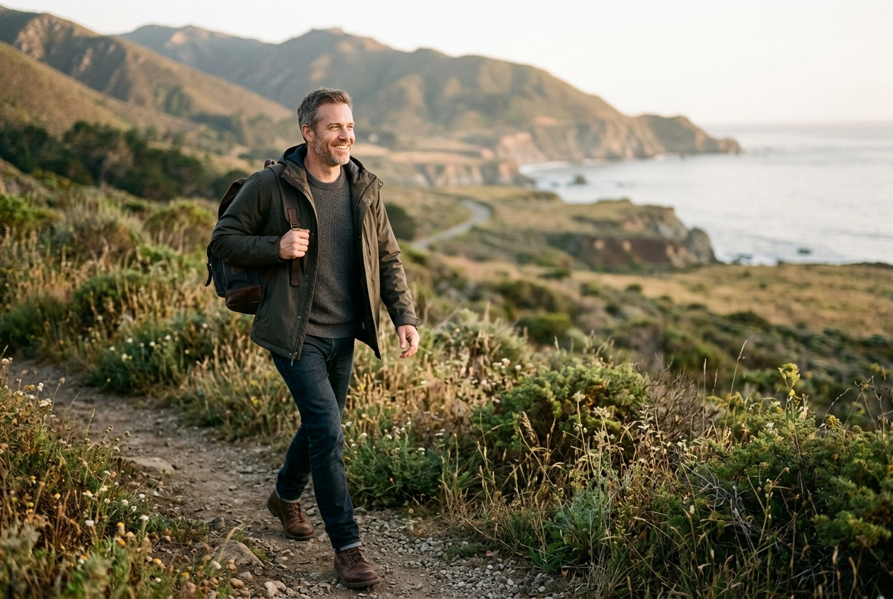 A man hiking along a coastal trail