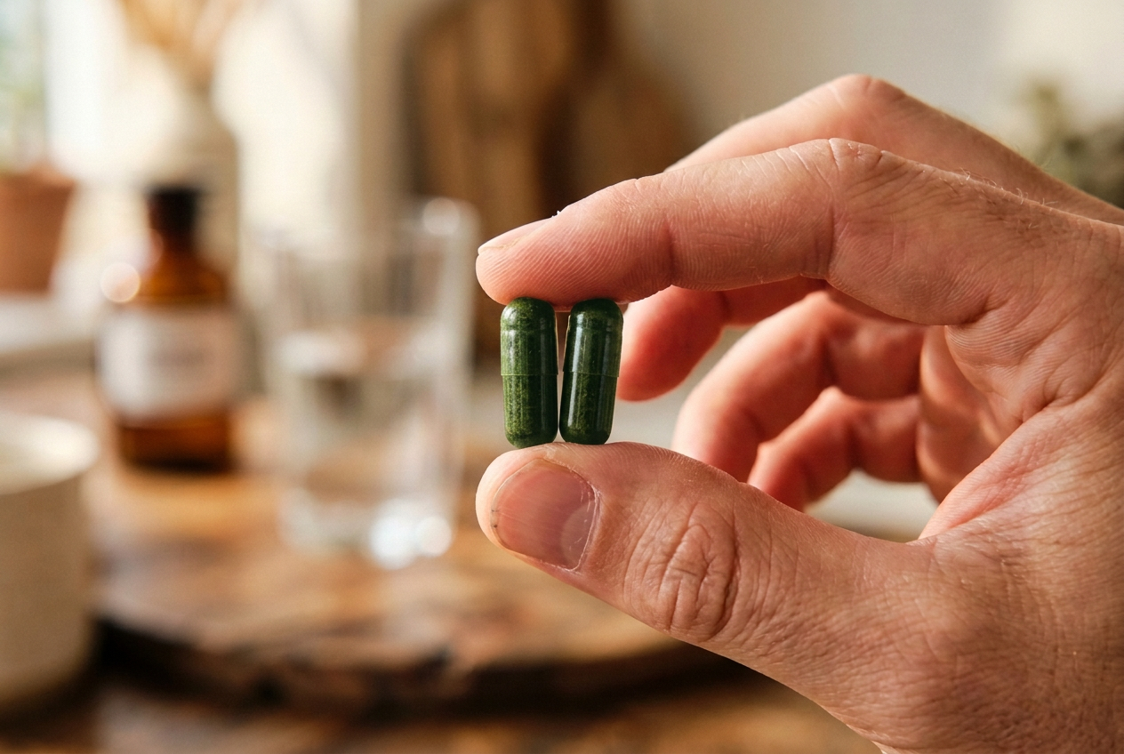 Two dark capsules held between a person's fingers